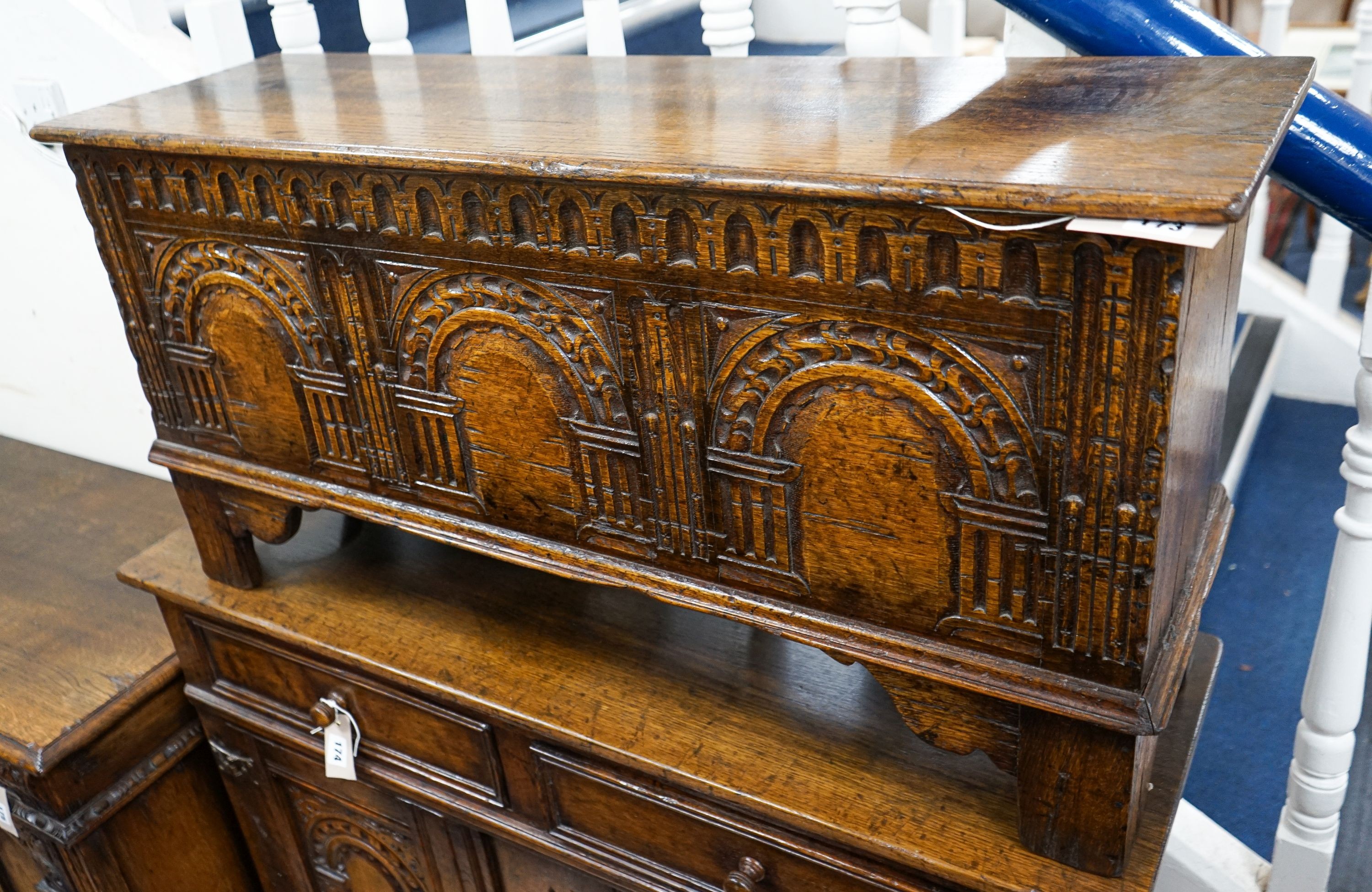 A Titchmarsh & Godwin reproduction small oak coffer, length 99cm, depth 30cm, height 48cm